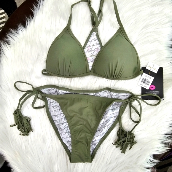 Marilyn Monroe Boho Bikini – Olive Green Aztec Embroidered Back Fringe Side Tie - Picture 12 of 16